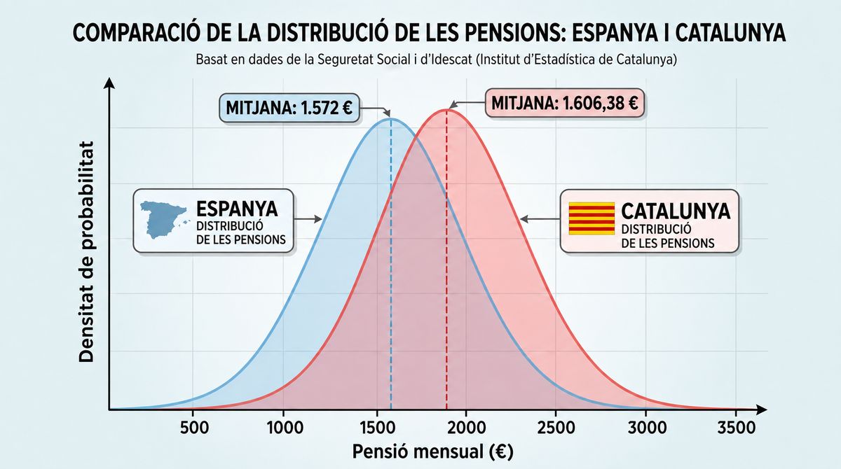 Distribució de les pensions mitjanes de jubilació a Espanya i Catalunya