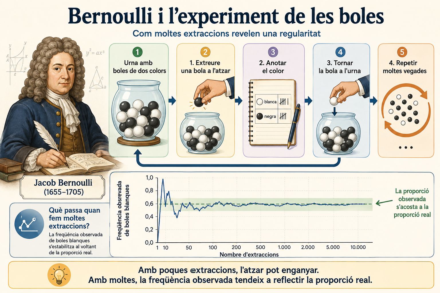 Infografia sobre Jacob Bernoulli i l'experiment de les boles que il·lustra com la freqüència observada s'estabilitza després de moltes extraccions.