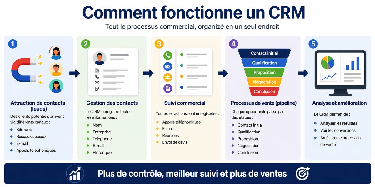 Infographie expliquant le fonctionnement d'un CRM : génération de leads, gestion des contacts, suivi commercial, processus de vente et analyse des résultats.