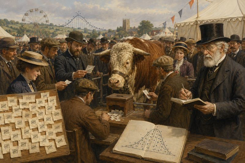 Il·lustració de la famosa història del pes del bou en una fira ramadera, amb participants fent estimacions i Francis Galton prenent notes.