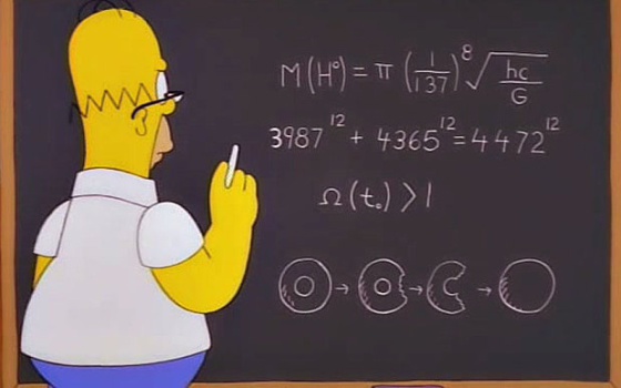 Homer Simpson davant d’una pissarra amb una aparent solució de l’últim teorema de Fermat.