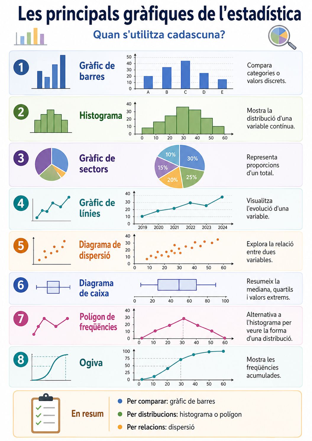Infografia vertical en català amb les principals gràfiques de l'estadística i una breu explicació de quan s'utilitza cadascuna.