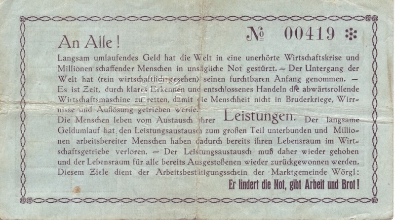Revers d'un certificat de treball amb una crida d'Unterguggenberger a participar en l'experiment.