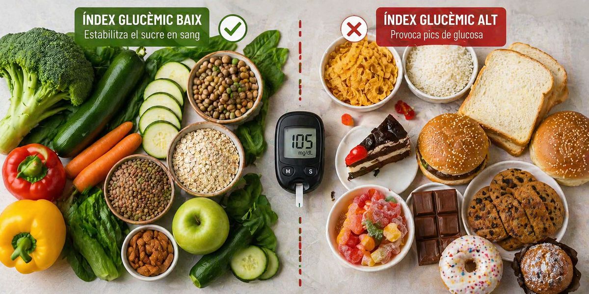Comparació visual entre aliments d'índex glucèmic baix i alt amb glucòmetre per il·lustrar l'impacte sobre el sucre en sang