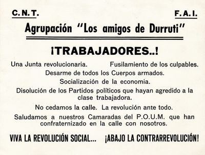 Octaveta de l'Agrupació Los Amigos de Durruti distribuïda durant els Fets de Maig de 1937.