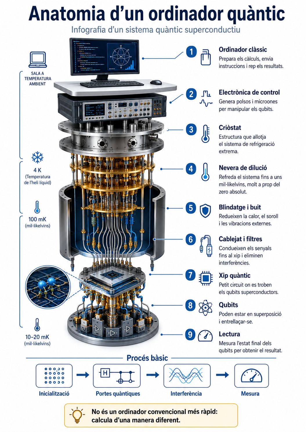 Anatomia d'un ordinador quàntic superconductiu amb els principals components, el sistema de refrigeració i el xip quàntic.