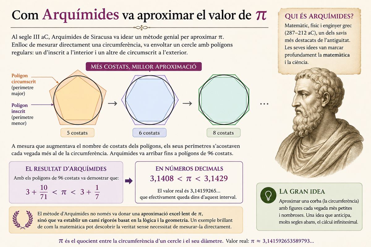Polígons inscrits i circumscrits en una circumferència per il·lustrar el mètode d'Arquimedes per aproximar el nombre π
