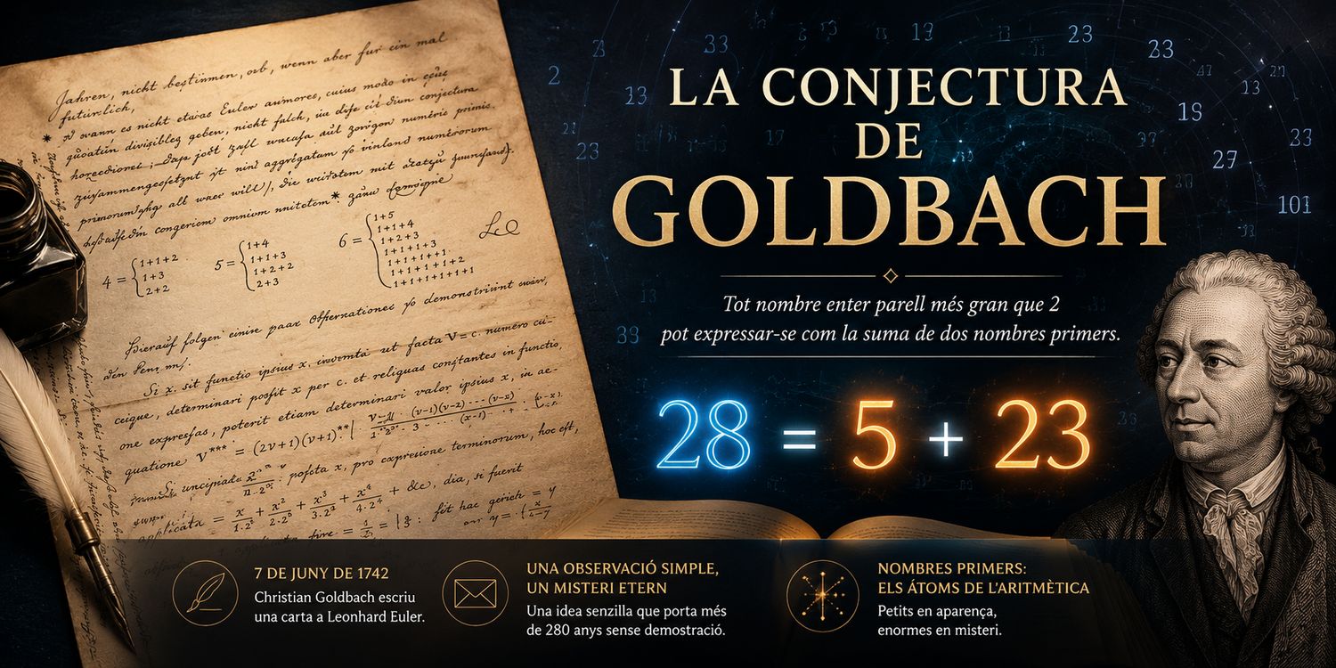 Banner sobre la conjectura de Goldbach amb la carta original enviada a Euler i una representació dels nombres primers