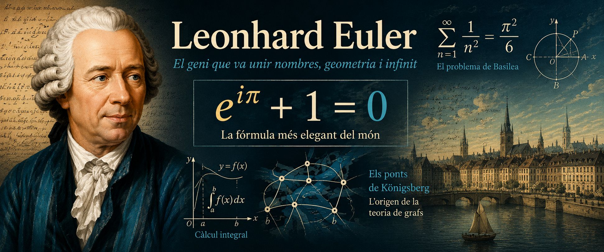 Banner il·lustrat de Leonhard Euler amb fórmules matemàtiques, el problema de Basilea i els ponts de Königsberg