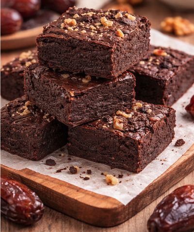 Brownie saludable acabat de fer, amb textura humida i cobert amb nous