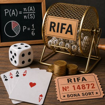 Dau, rifa i cartes representant els conceptes bàsics del càlcul de probabilitats i l'estudi matemàtic de l'atzar.