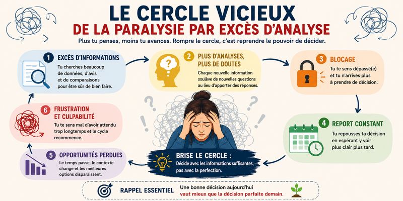 Infographie représentant le cercle vicieux de la paralysie par excès d'analyse, montrant comment l'excès d'information, les doutes et le report des décisions s'auto-alimentent.