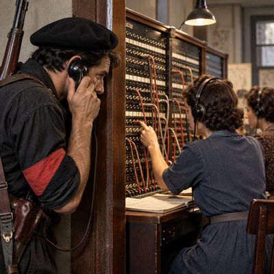 Militant de la CNT escoltant una comunicació davant d’una antiga centraleta telefònica.