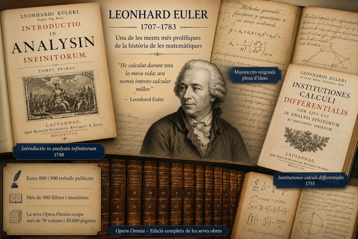 Composició amb retrat de Leonhard Euler, manuscrits matemàtics i portades històriques de les seves obres més importants