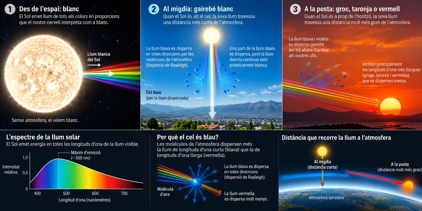 Infografia que explica per què el Sol és blanc a l'espai, gairebé blanc al migdia i groc, taronja o vermell durant la posta, a causa de la dispersió de la llum a l'atmosfera terrestre.