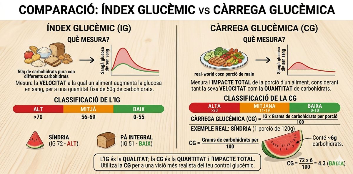 Taula comparativa en català que explica les diferències entre IG i CG, mostrant gràfiques de glucosa, fórmules de càlcul i la classificació d'aliments com la síndria i el pa integral.