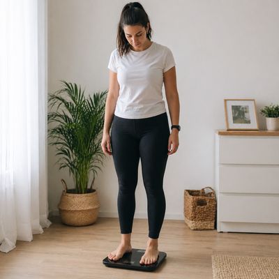 Persona pesant-se en una bàscula per il·lustrar la relació entre índex glucèmic, insulina i acumulació de greix