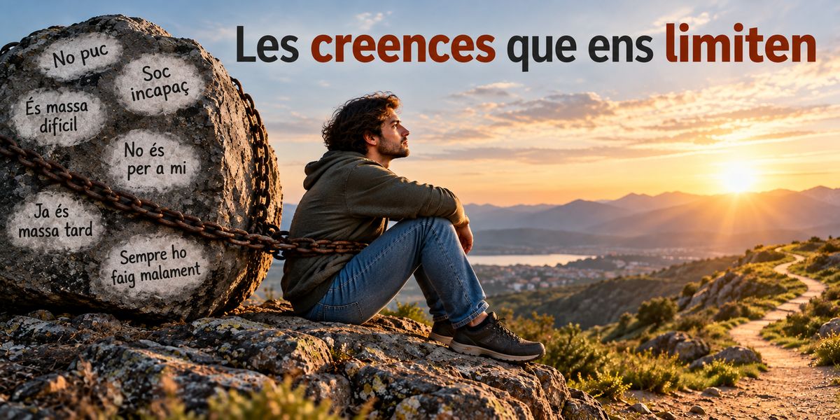 Home assegut i encadenat a una roca amb frases negatives com 