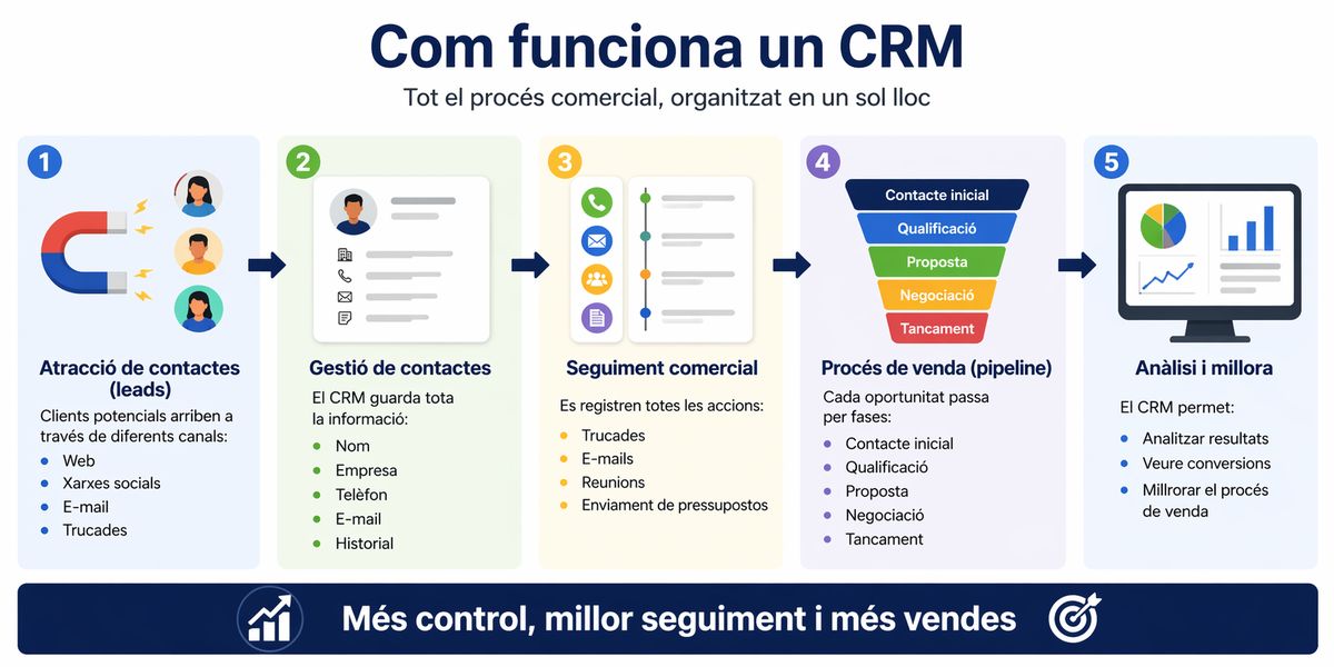 Infografia que explica com funciona un CRM: captació de leads, gestió de contactes, seguiment comercial, procés de venda i anàlisi de resultats.