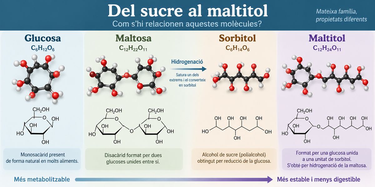 Banner comparatiu de les molècules de glucosa, maltosa, sorbitol i maltitol, amb les fórmules químiques i la relació entre elles.
