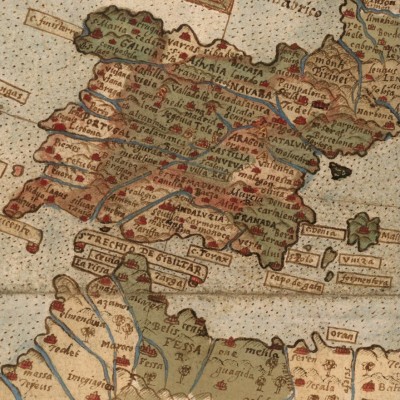 Detall del planisferi d’Urbano Monti amb decoració i anotacions explicatives