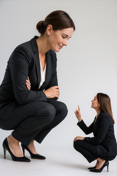 Dues dones de negoci, una de mida gran ajupida escoltant una altra de mida petita: metàfora d’empreses grans i petites