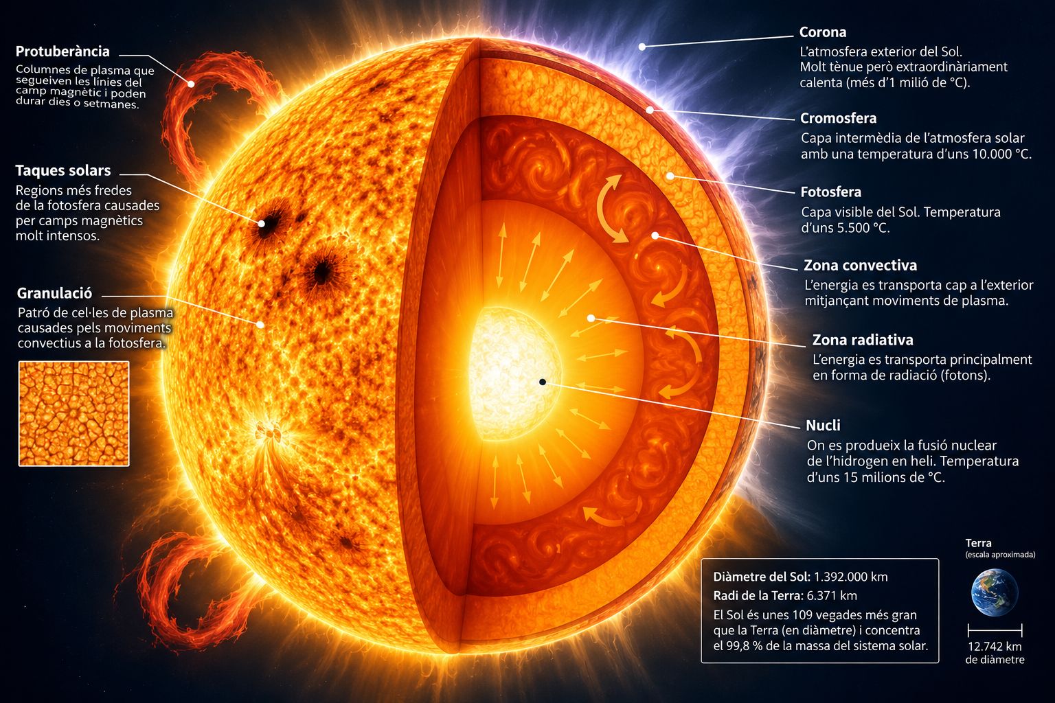 Infografia del Sol en secció transversal que mostra les seves capes internes: nucli, zona radiativa, zona convectiva, fotosfera, cromosfera i corona, així com les taques solars i les protuberàncies.