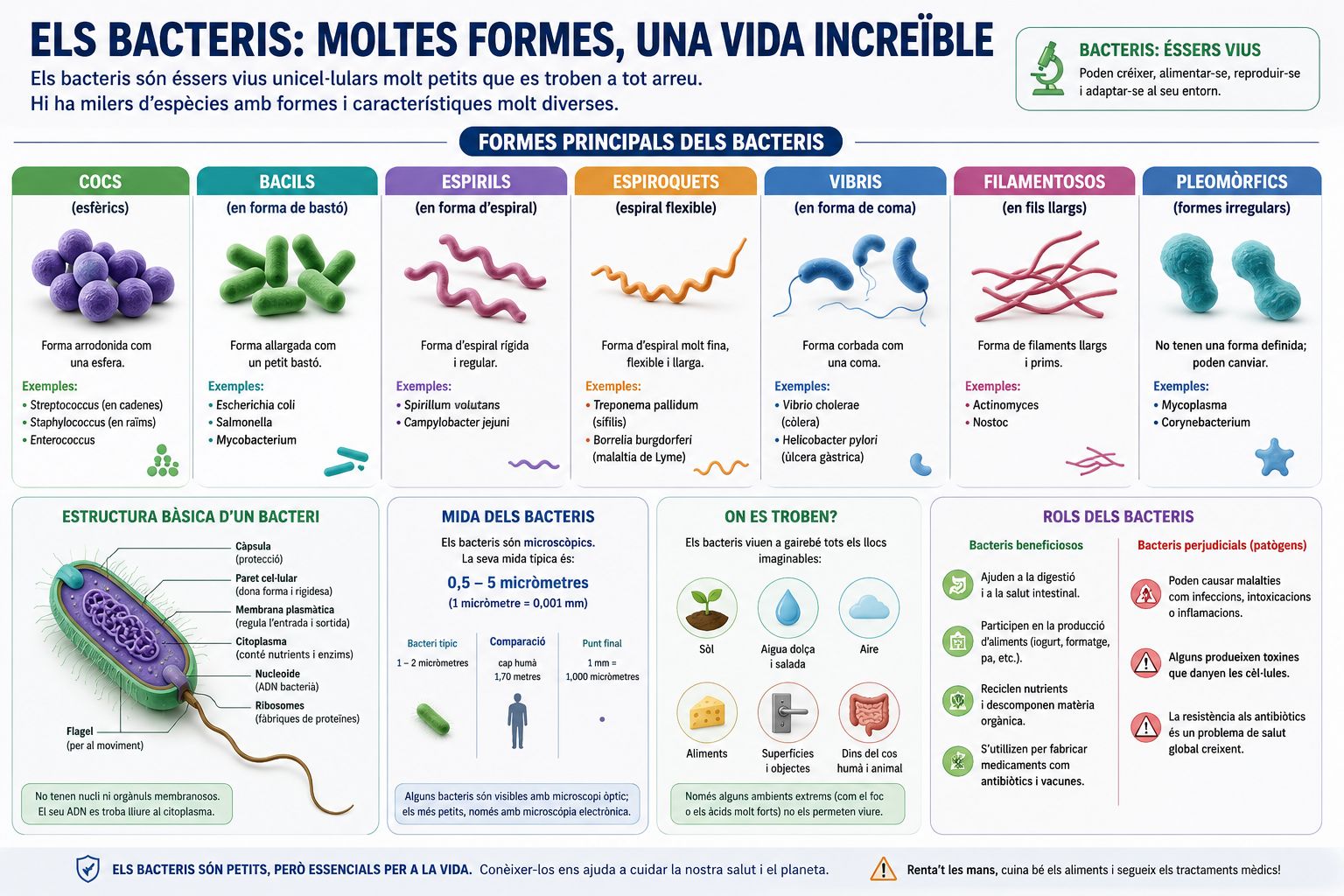 Infografia educativa sobre les diferents formes dels bacteris, incloent cocos, bacils, espirils, vibris i espiroquets, amb exemples i estructura d'un bacteri.