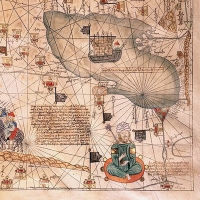 Detall de l’Àsia a l’Atles Català (c.1375), amb iconografia mítica i rutes comercials