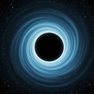 Il·lustració d’un forat negre amb disc d’acreció i la llum corbant-se al voltant de l’horitzó d’esdeveniments