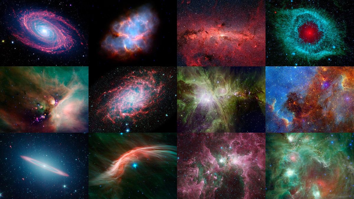 Mosaic de galàxies i nebuloses en fals color captades en infraroig pel telescopi Spitzer