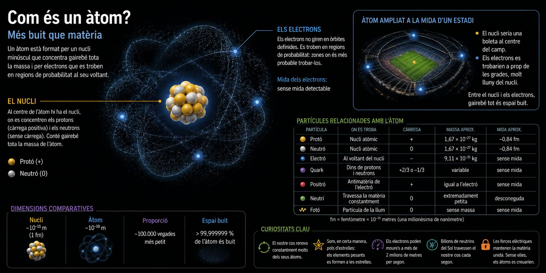 Infografia divulgativa sobre l'estructura d'un àtom, el nucli atòmic i l'espai buit entre electrons i protons