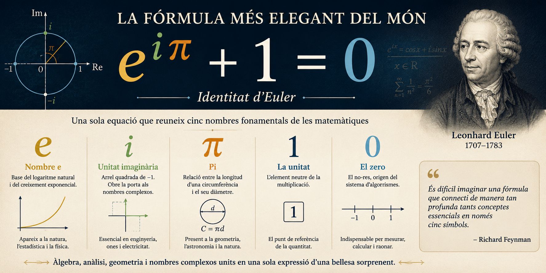 Infografia de la identitat d'Euler amb la fórmula e^(iπ)+1=0 i explicacions dels nombres fonamentals de les matemàtiques