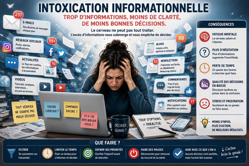 Femme submergée par une avalanche d'informations numériques, de notifications, de réseaux sociaux et de documents, représentant le phénomène de l'infobésité et la difficulté à prendre des décisions.
