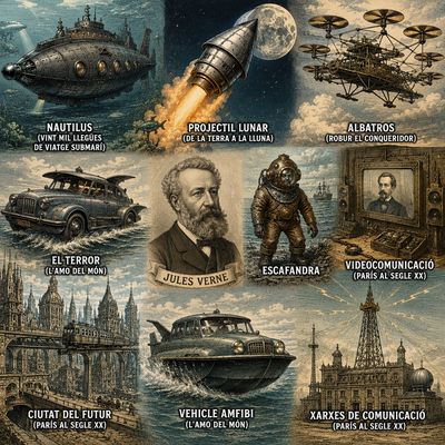 Composició amb el submarí Nautilus, una càpsula espacial, una aeronau de múltiples hèlixs i altres màquines imaginades per Jules Verne.