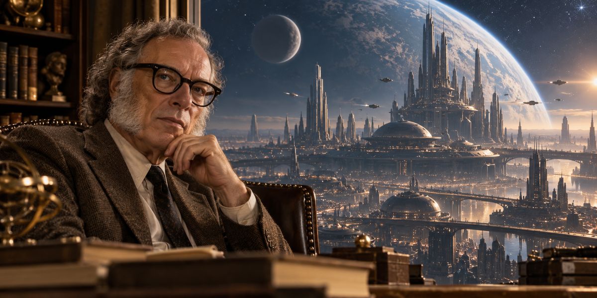 Isaac Asimov davant d’una gran ciutat futurista inspirada en l’univers de la Fundació.