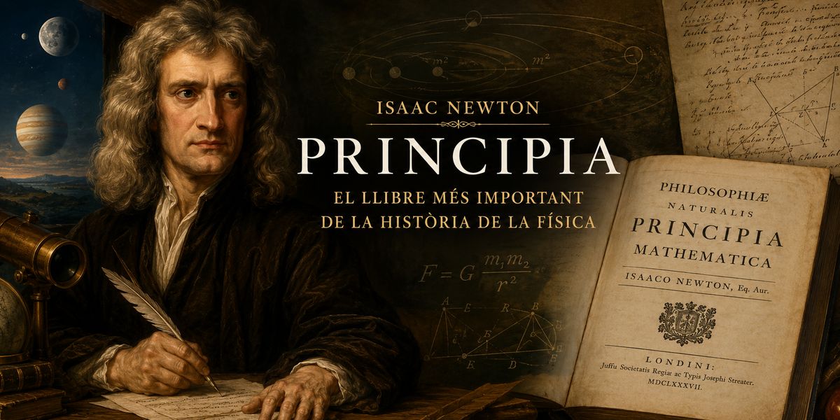 Retrat d'Isaac Newton amb el llibre Principia i fórmules de física en un entorn científic històric