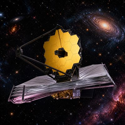 Telescopi espacial James Webb amb el seu mirall daurat observant galàxies a l’espai profund
