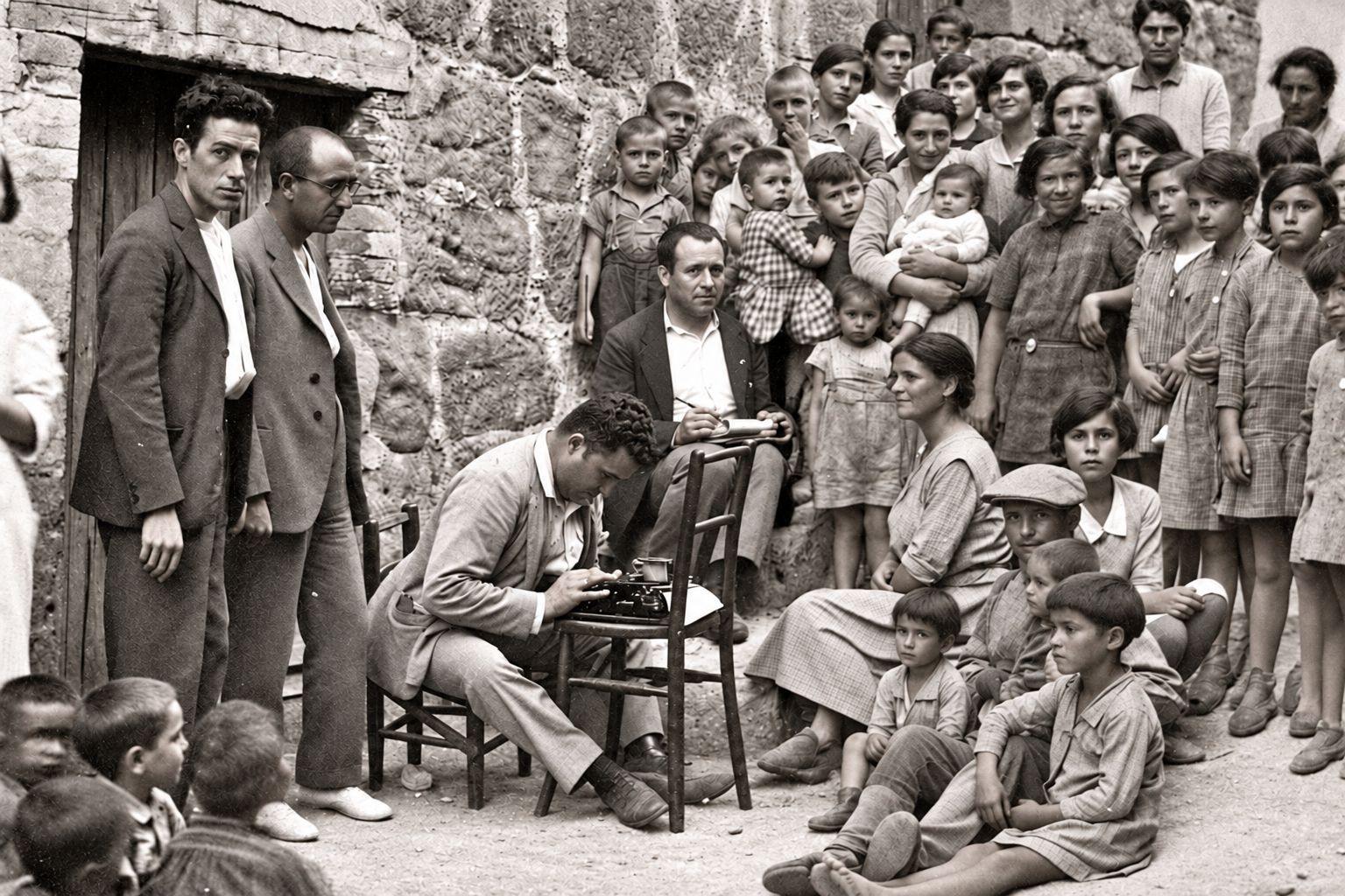 Joan Tomàs i Joan Amades durant una campanya de recollida de cultura popular