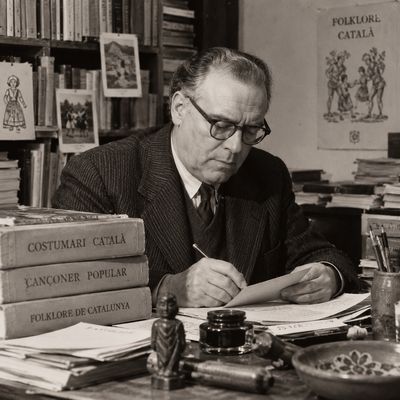 Joan Amades treballant al seu despatx, envoltat de llibres, fitxes i materials de cultura popular catalana.