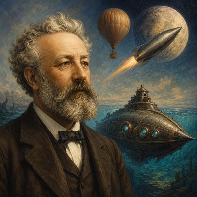 Retrat il·lustrat de Jules Verne envoltat pel submarí Nautilus, una aeronau i un projectil espacial.