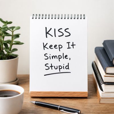 Quadern amb el text “KISS – Keep It Simple, Stupid” sobre una taula de treball, acompanyat d’una tassa de cafè, una planta i diversos llibres.