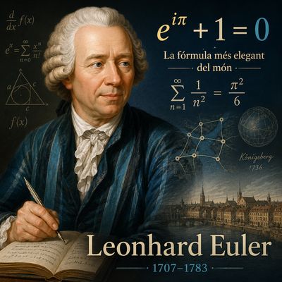 Retrat il·lustrat de Leonhard Euler amb fórmules matemàtiques al fons