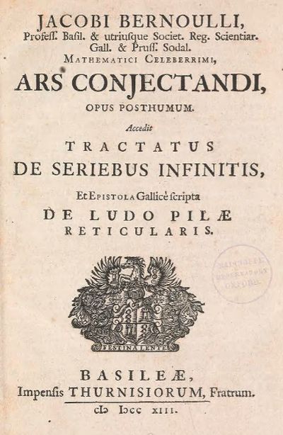 Portada del llibre postum: Ars conjectandi, opus posthumum. Accedit tractatus de seriebus infinitis, et epistola de ludo pilae reticularis.