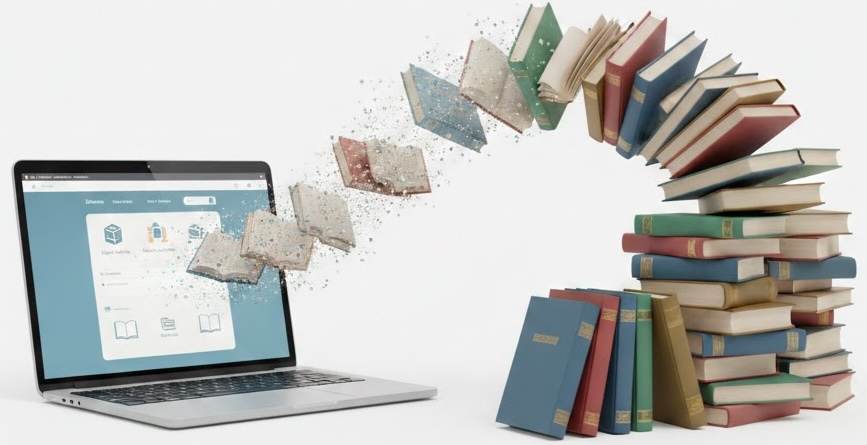 Imatge d'un ordinador amb llibres que en sobresurten de la pantalla