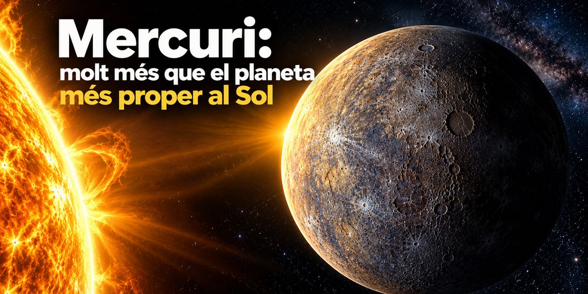 Il·lustració del planeta Mercuri amb la superfície plena de cràters, il·luminat pel Sol, amb el titular 