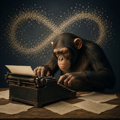 Mico davant una màquina d'escriure intentant reproduir Hamlet de William Shakespeare.