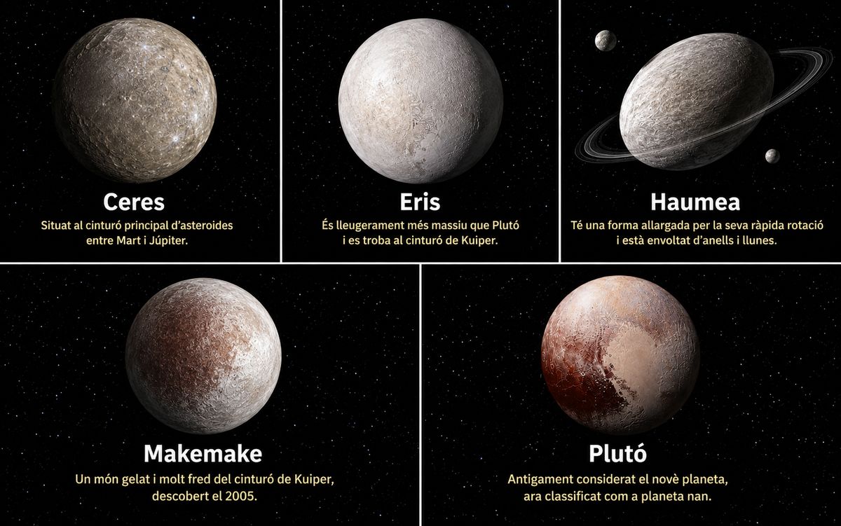 Mosaic astronòmic amb els planetes nans Ceres, Eris, Haumea, Makemake i Plutó identificats amb els seus noms