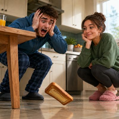 Una torrada amb mantega cau a terra en una cuina mentre un home es desespera i una dona observa l’escena amb un somriure.