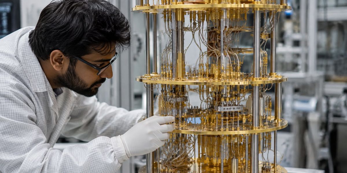 Científic treballant davant d'un ordinador quàntic en un laboratori